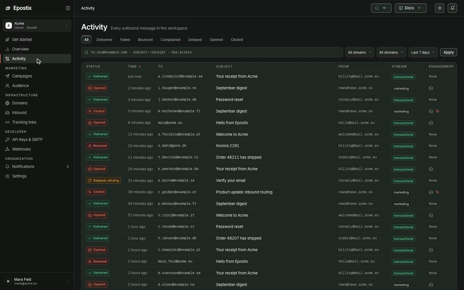 Epostix message activity showing email delivery statuses