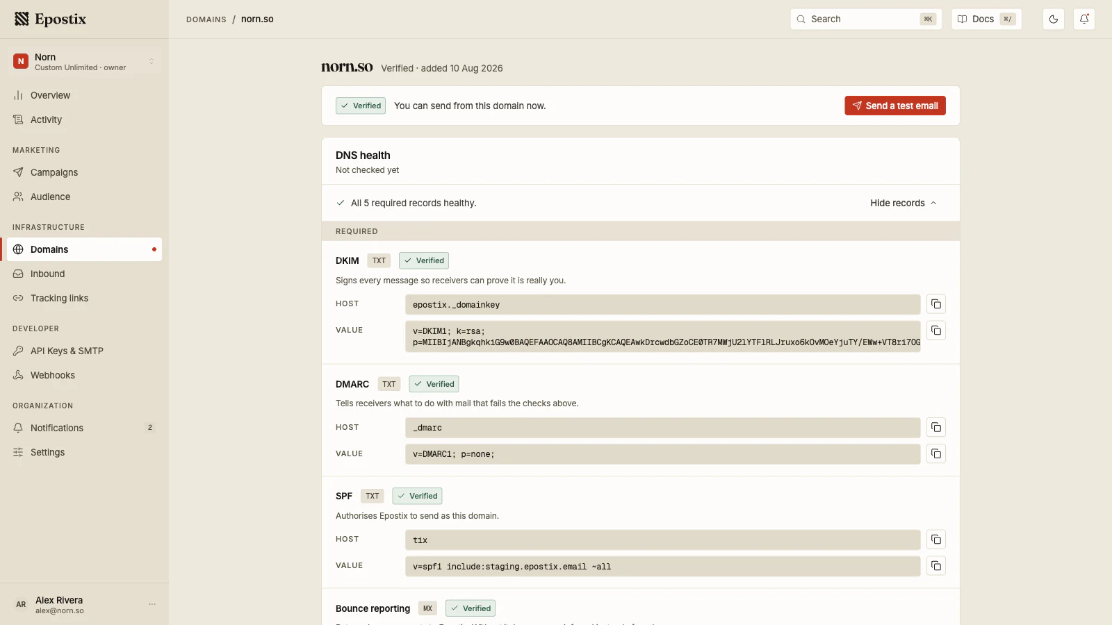 A sending domain’s DNS health showing all five required records healthy, with the DKIM, DMARC and SPF entries listed as verified alongside the exact host and value to publish.